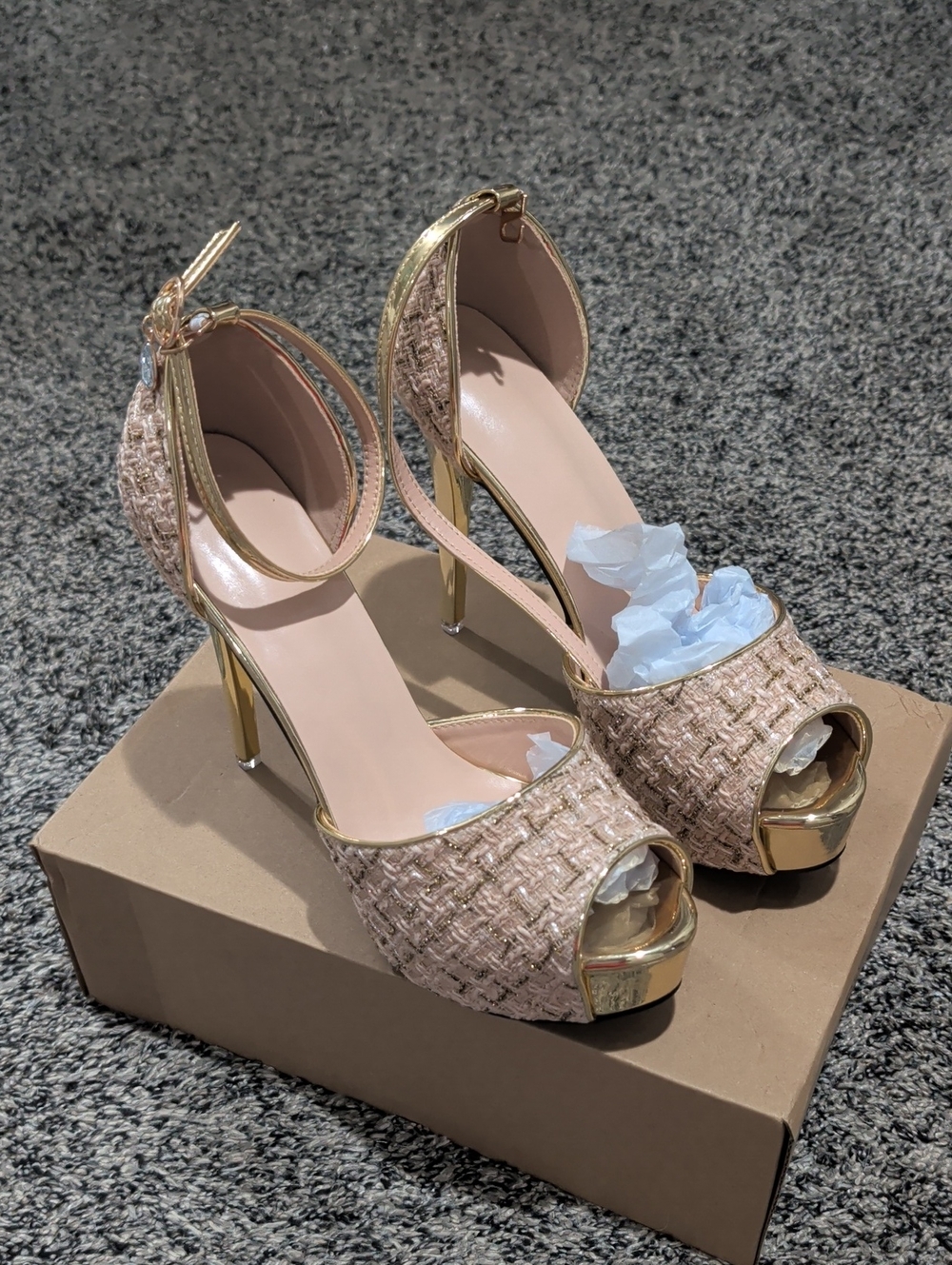 Woven Peep-Toe Ankle Strap Heels in Blush Gold